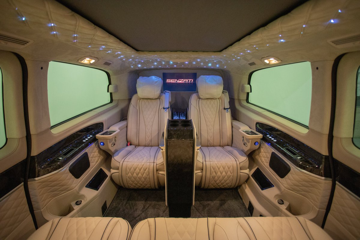 Senzati Jet Class in Silk Beige and Ivory! This Jet Class has been fitted with loads of extras such as electric seats with wireless charging armrests, 240v sockets, fibre optic lighting, sunroof blind and an additional screen for rear facing passengers! #senzati #jetclass