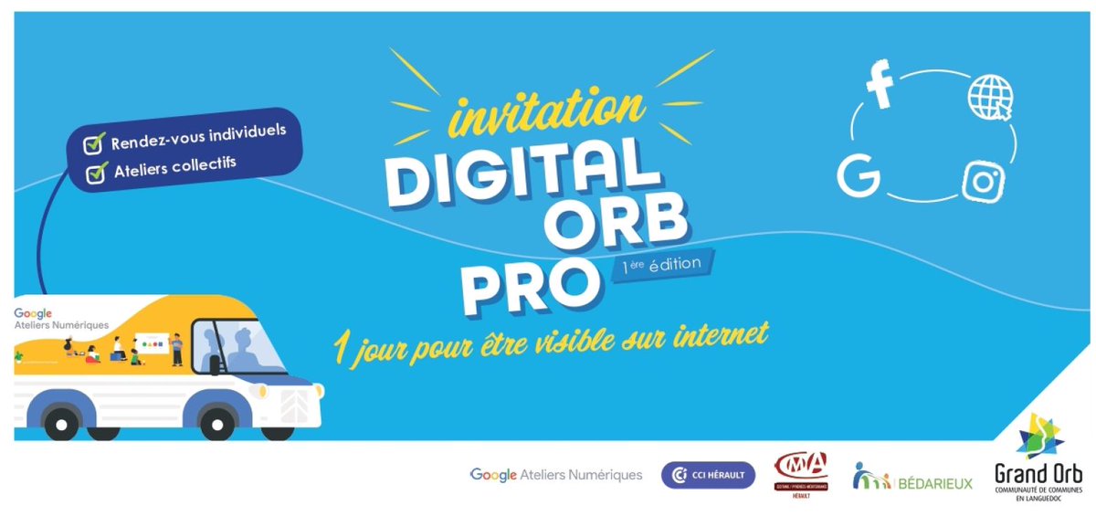 @GrandOrb @CCIHerault et @CMA_HERAULT organisent avec Google Ateliers numériques et @VilleBedarieux, une journée gratuite de formation et de conseil ouverte aux 1200 professionnels de Grand Orb, pour améliorer leur présence sur internet. Infos urlz.fr/ijMu