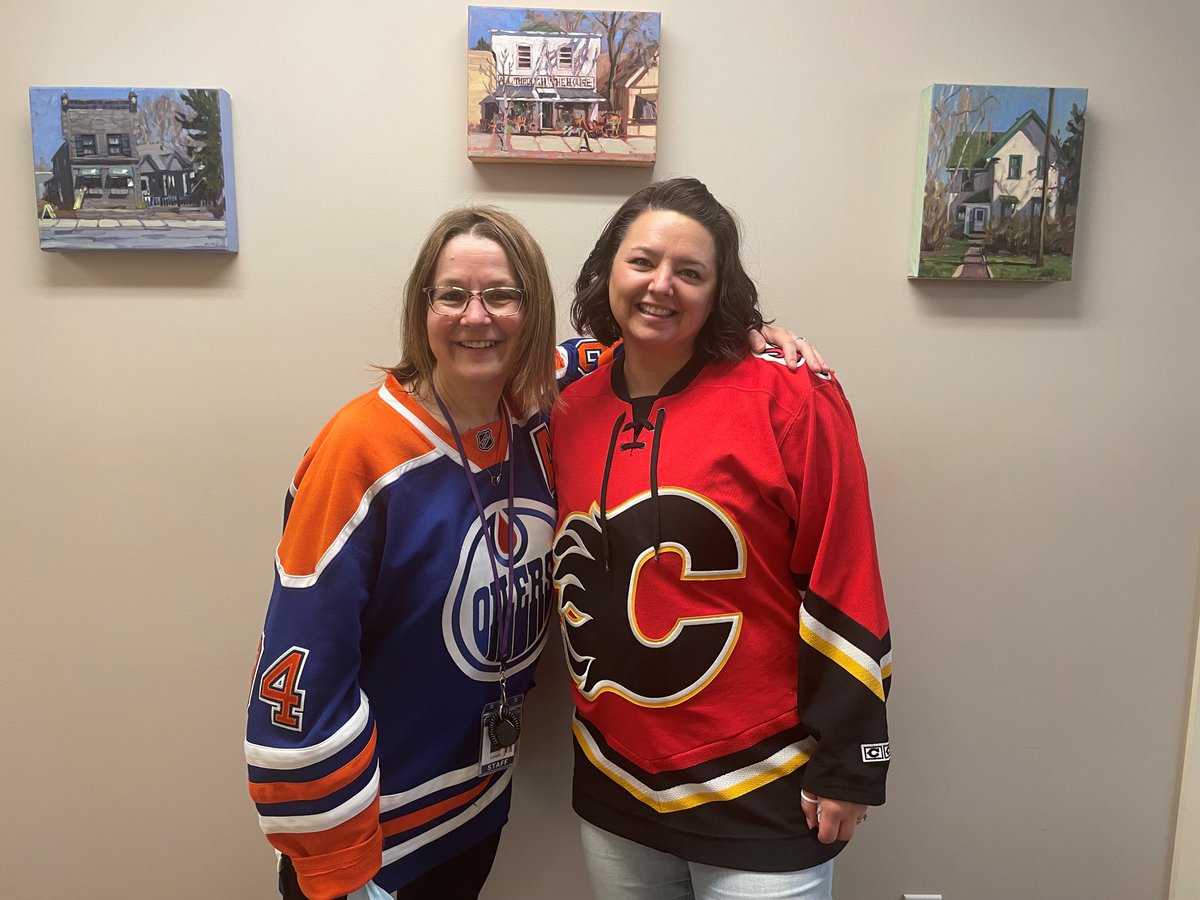 Our ED and our Shelter Program Team Lead having a bit of fun...just showing how Edmonton and Calgary teams can still work seamlessly together! 🧡💜❤️

<a href="/NHL/">NHL</a> <a href="/NHLFlames/">Calgary Flames</a> <a href="/EdmontonOilers/">Edmonton Oilers</a>