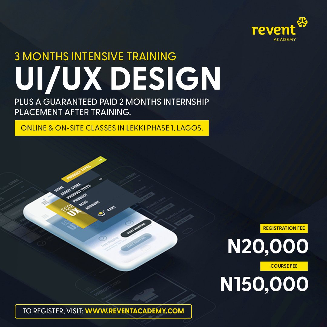 ReventAcademy's tweet photo. Here is your chance to be a Product Designer🥳

Register at https://t.co/D9MJXusOzy and participate in our 2 weeks bootcamp to transform your career in 3-5 months.

Classes are Hybrid and runs from Monday to Friday.

The onsite classes will be 2-3 days a week in Lekki phase 1. https://t.co/bBrl5R1H0s