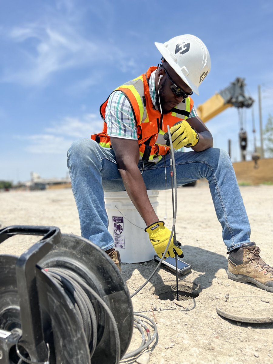 Senior Project Engineer Fareed Imoro uses an inclinometer to pick data and monitor vertical ground movement at the Elm Fork 72-inch Waterline Phase I dig site in Carrollton, Texas. Imoro is one of the engineers working on the $43.2 million Oscar Renda Contracting (ORC) project.
