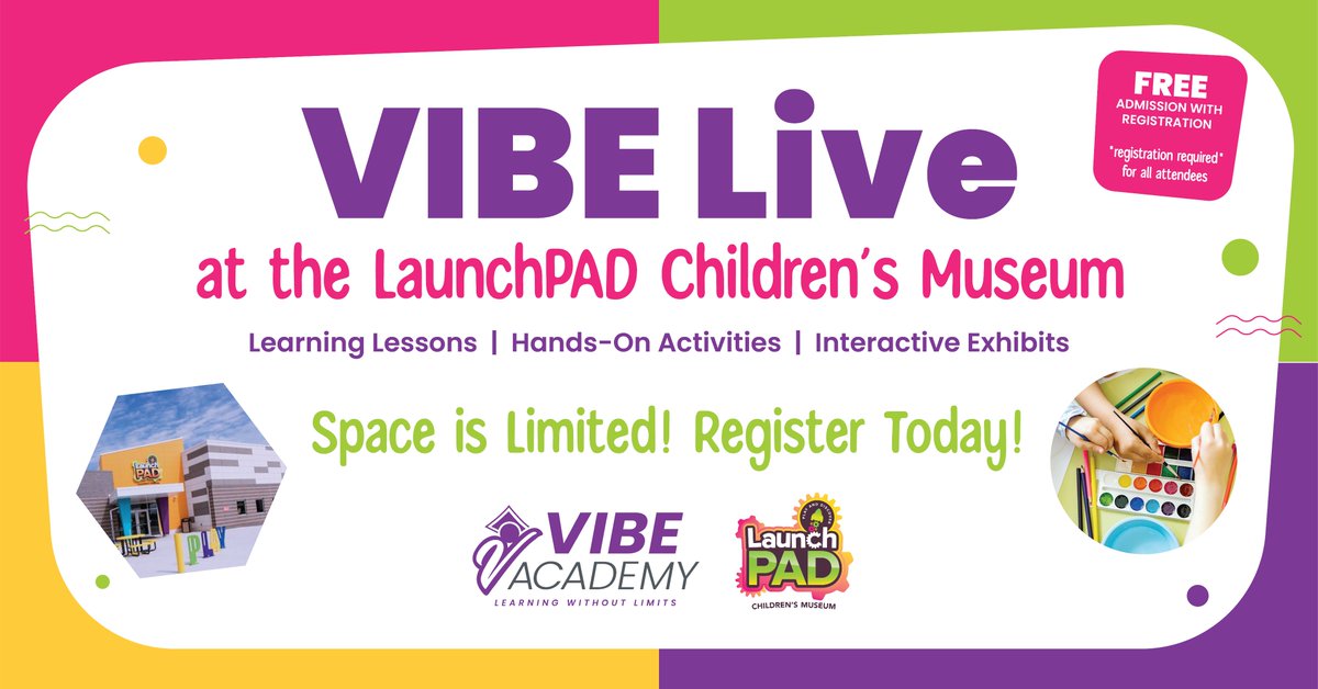 Sioux City Community School District (@siouxcitycsd) on Twitter photo Our K-12 virtual school, @VIBEacademySC, is hosting "VIBE Live," at the <a href="/LaunchpadSCIA/">LaunchPAD Children's Museum</a> on Monday, June 13th from 3-5pm. The event is open to the public and free with registration for all attendees.
Space is limited! Register today at bit.ly/3wKyOL8.
See you there! 🥳 Our K-12 virtual school, @VIBEacademySC, is hosting "VIBE Live," at the <a href="/LaunchpadSCIA/">LaunchPAD Children's Museum</a> on Monday, June 13th from 3-5pm. The event is open to the public and free with registration for all attendees.
Space is limited! Register today at bit.ly/3wKyOL8.
See you there! 🥳