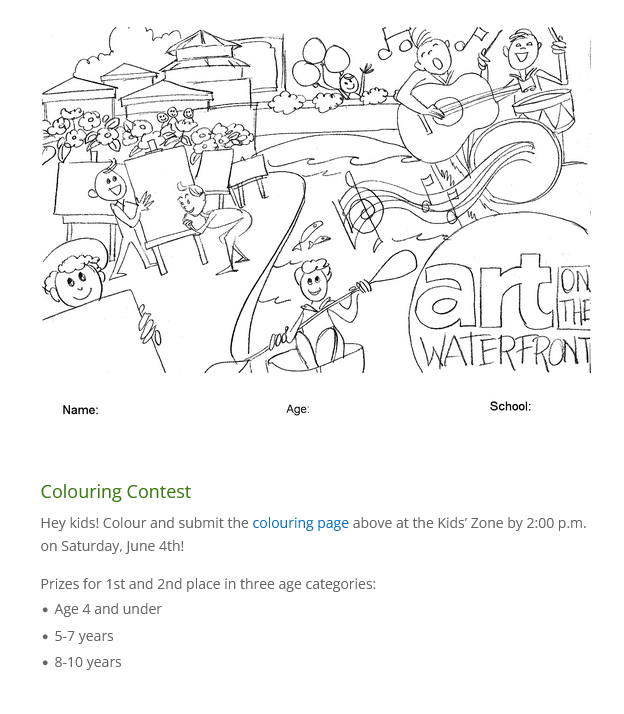 artonwaterfront's tweet photo. This year’s colouring contest design is by #PaintingstoOrder. Kids can colour &amp; submit the colouring page at the Kids Zone by 2:00 pm June 4th. Prizes will be awarded for 1st and 2nd place winners of each category. Get your copy of the colouring page at https://t.co/YhD6Qq94U6 https://t.co/ldKLtESwGa