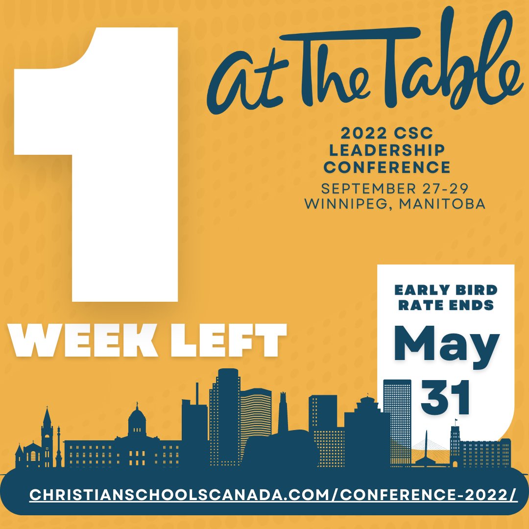 We would love to have you join us in Winnipeg! 

There is 1 week left for the early bird rate. Register today - bit.ly/cscconf2022

#CSCconference22 #AtTheTable