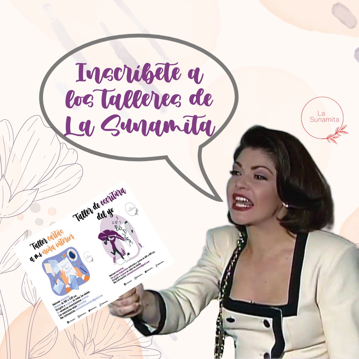LaSunamita_'s tweet photo. • Taller de escritura del yo 📝
2 grupos: miércoles o jueves 6:00 p.m. 

• Taller cartas a mi niña interior 👧 
2 grupos: martes 6:00 p.m. o sábados 9:00 a.m.

¡Pregunta por nuestras promociones y facilidades de pago! No hagas enojar a Soraya Montenegro. 😎

#TalleresLiterarios https://t.co/fnOItjQvgs
