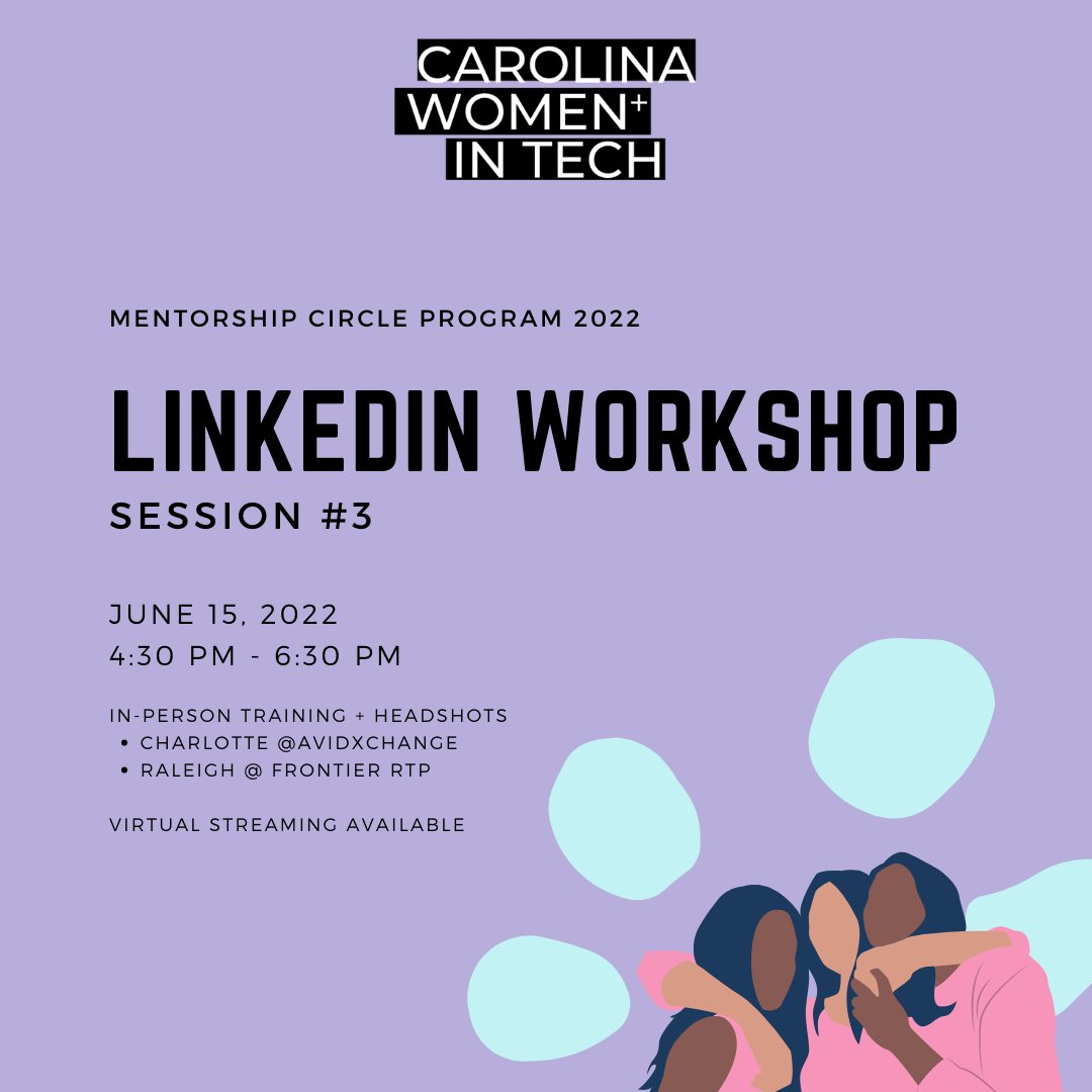 In addition to an incredible workshop, our next #Mentorship Circle session on 6/15 will also include headshot photography services!  

Join us for this in-person event -- in both #CharlotteNC and #RaleighNC: carolinawomenintech.org/events/mentors…

#womenintech #mentorshipprogram