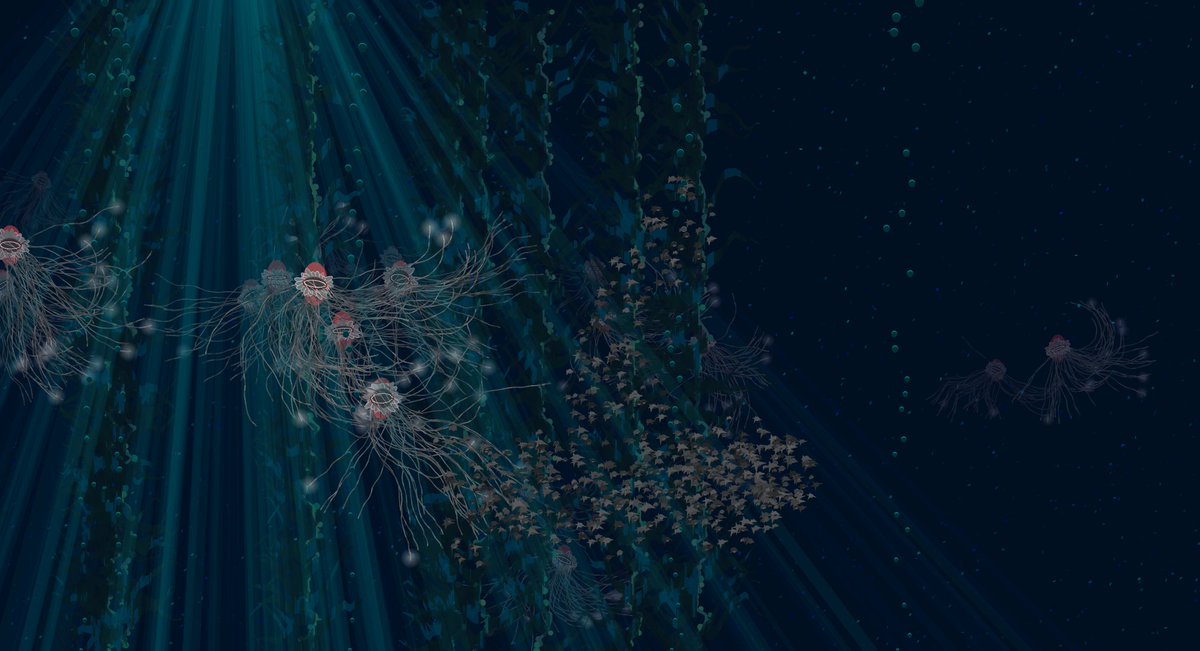 DrawMakeCode's tweet photo. GM!  I woke up and said, "Kelp.  It needs kelp."  
So, I got jellies, moonbeams, bubbles, fish school, plankton, kelp ... maybe some coral?  Is it getting too crowded?  
 #fxhash #p5js #nftCommunity #genart #fxhash #cryptoartist #nftart #generativeart #nftartist https://t.co/MkMAiQ7oxG