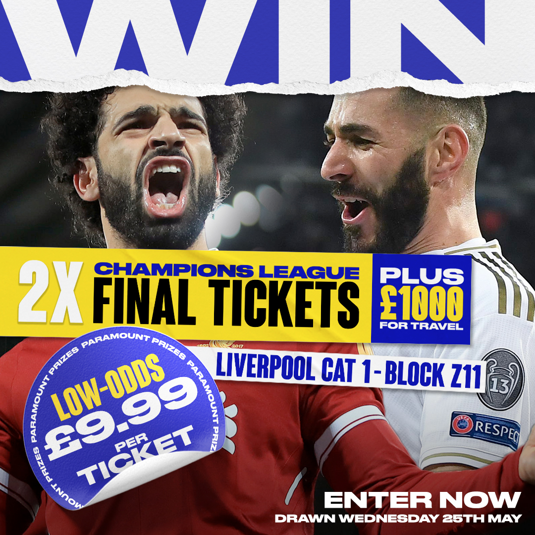 PrizesParamount's tweet photo. Who fancies winning tickets into the Champions League Final for only £9.99!?

You can win 2 tickets + £1000 Tax Free Cash, tomorrow night! Guaranteed Draw, check out our Trust Pilot Reviews and recent winners!

https://t.co/tS9LVxZmoY

#Liverpool #ChampionsLeagueFinal #Tickets https://t.co/whDFsml6qR