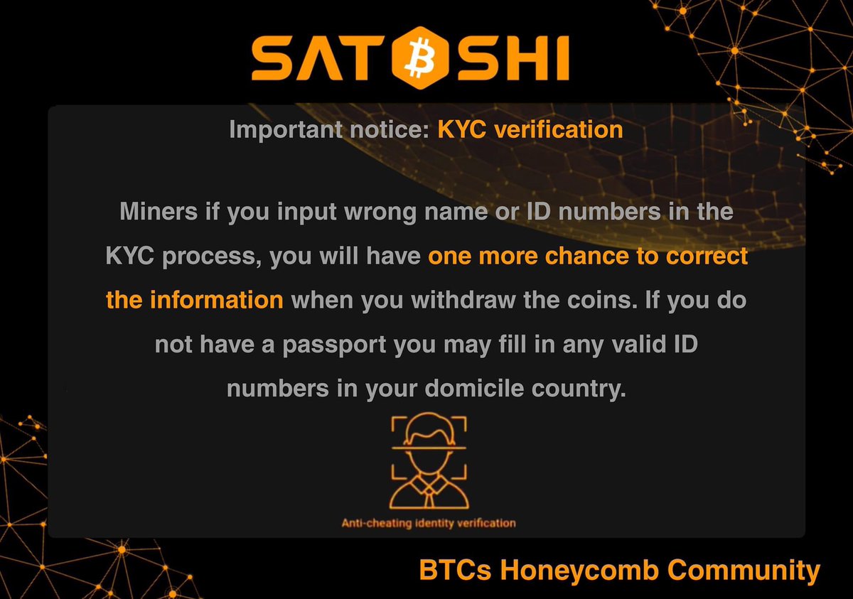 kaile61643155's tweet photo. Important notice: KYC verification

Lets spread the power of Satoshi BTCs Mining, keep on Digging, Exchanging cards and recruiting more miners.

“Like” and “Retweet” are Satoshi Power!
 
- BTCs Honeycomb Community 
- Bitcoin Satoshi BTCs

#BTCs #Bitcoin #KYC #Web3
#Ethereum https://t.co/fuA2osvXcr