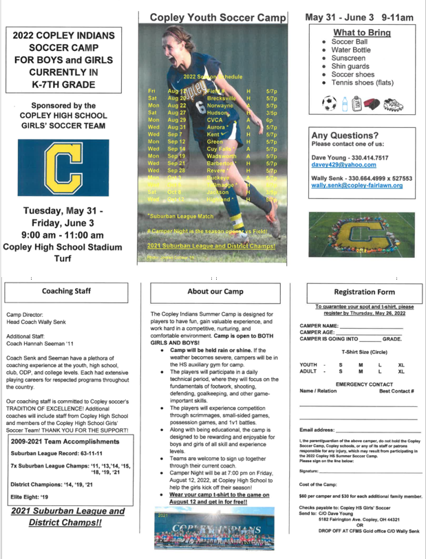 Copley Indians Summer Soccer Camp!

Supporting Copley HS Girl's Soccer Team!

Open to both Boys and Girls!

May 31st-June 3rd

Sign up now!