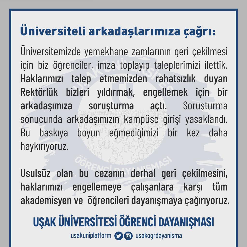 usakuniplatform's tweet photo. Usulsüz ceza derhal geri çekilmelidir! Tüm arkadaşlarımızı dayanışmaya çağırıyoruz! #usakdayanısma #usakuniversitesicezayigericek https://t.co/YaXW3LwMJw