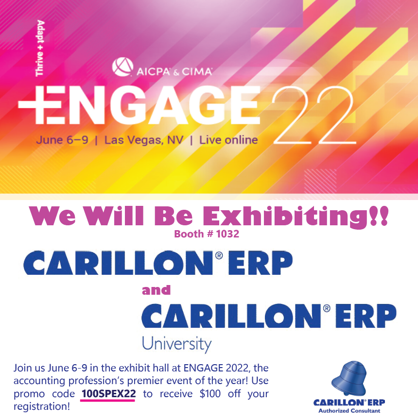 CarillonERP's tweet photo. Join us at @AICPA Engage Conference this year in Las Vegas alongside @Acumatica and @SageUSAmerica 
We will be located in the Bristlecone Ballroom at Booth 1302!
Check out our website beforehand for more information about our system https://t.co/q5GS5w7o9R
#Sage #acumatica #ERP https://t.co/UA6ePWSJce