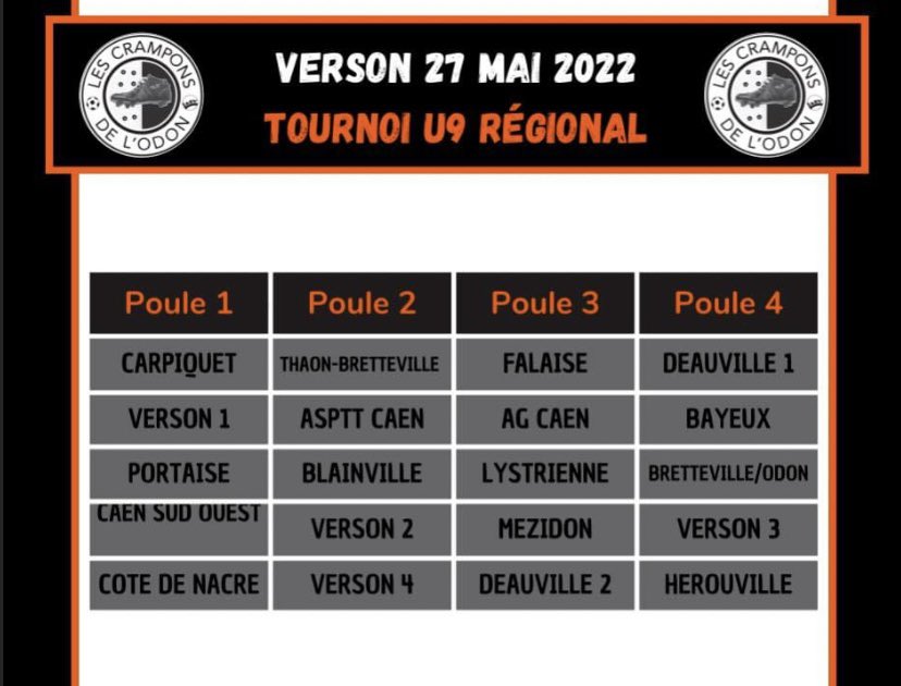 LCrampons's tweet photo. Voici les poules de nos trois tournois régionaux⚫️🟠 

#verson #tournoinational #footballtime #lescramponsdelodon #PlusFortsEnsemble https://t.co/EYbWAIImWg