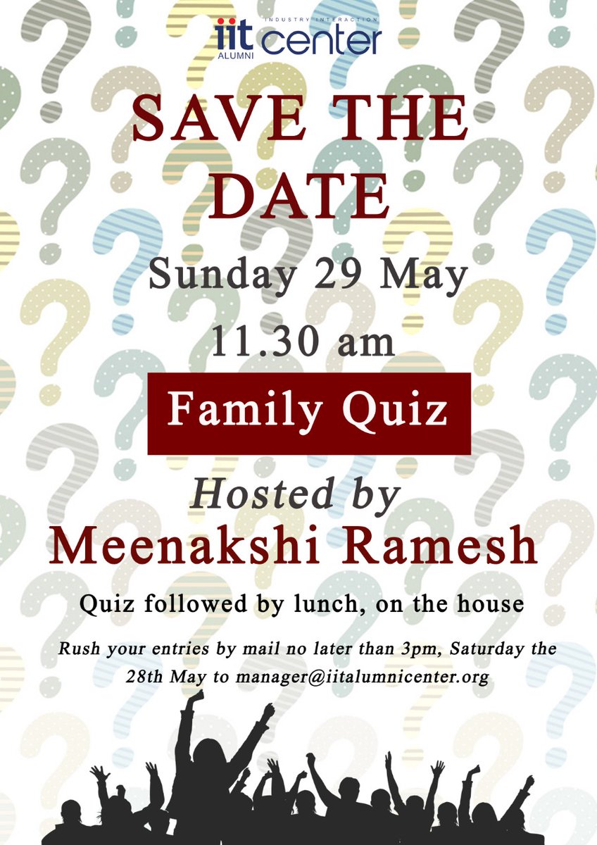Save the date Sunday 29 May for Family Quiz. Hosted by Meenakshi Ramesh.

Time: 11.30 am 

Rush your entries by mail no later than 3pm, Saturday 28th May to manager@iitalumnicenter.org

#Quiz #Familyquiz #quizcompetition #familygame #IITAlumni #IITQuiz #IITAlumniChennai #iitaiic