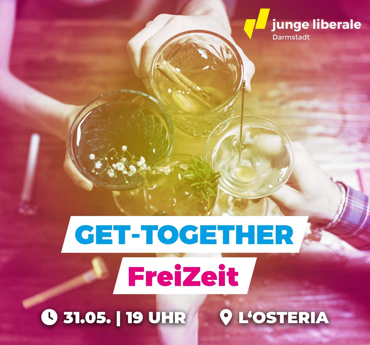 Wir laden ein zu unserer monatlich stattfindenden FreiZeit, einem lockeren Get-together. Diesmal ins L'Osteria am 31.05. um 19:00 Uhr.
Wir können uns über die Landtagswahlen in NRW und Schleswig-Holstein unterhalten.
Bis dann!

#Darmstadt