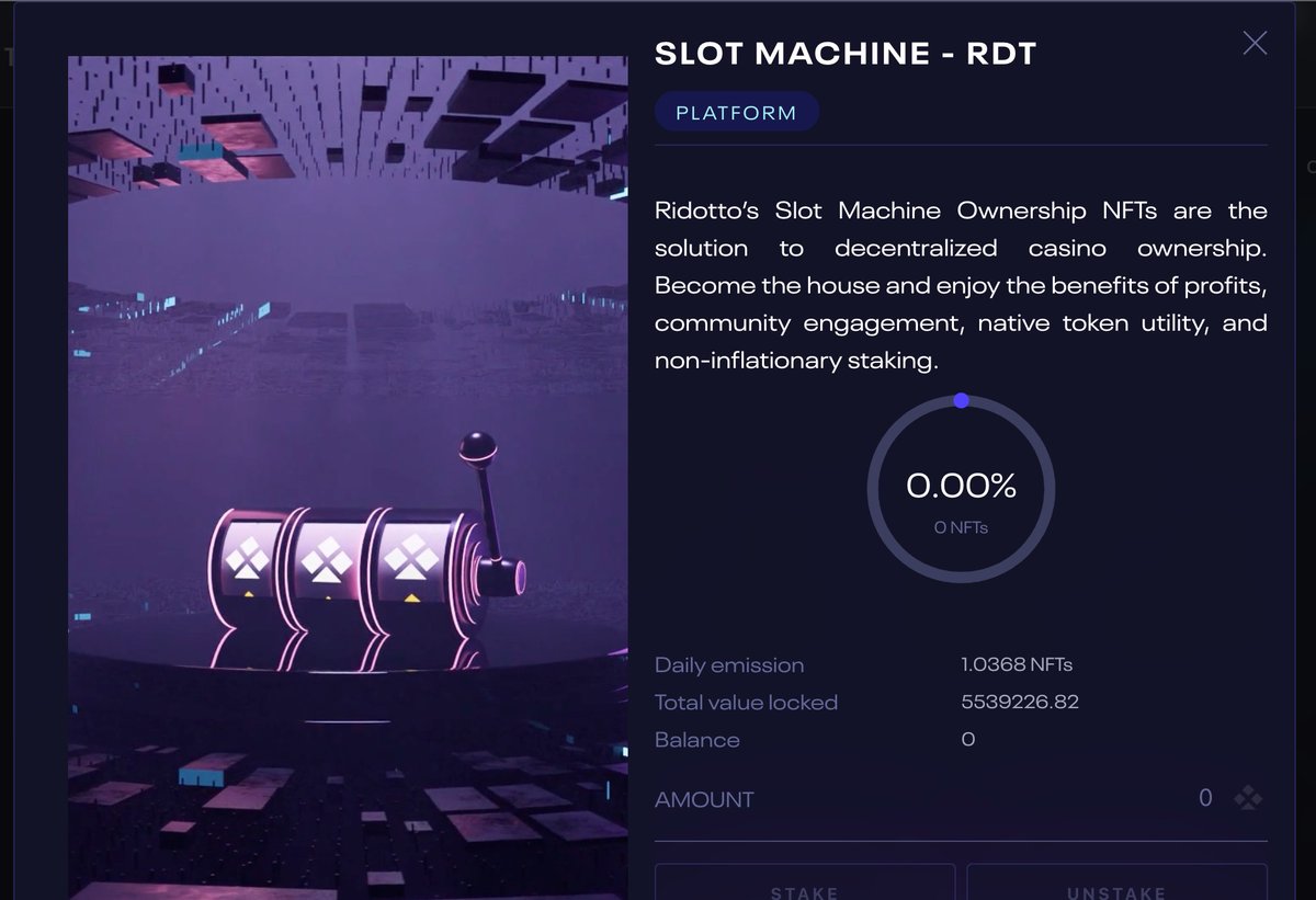 ridotto_io's tweet photo. We know you have always wanted your own Slot machine!

Now, you can finally claim one by just staking $RDT!

The more you stake, the quicker you will earn your slot machine ownership NFT! 🎰🎰🎰 

Bankroll and Profit!

#casino #crypto #blockchain #gaming #p2e https://t.co/cXrhF7wtbZ