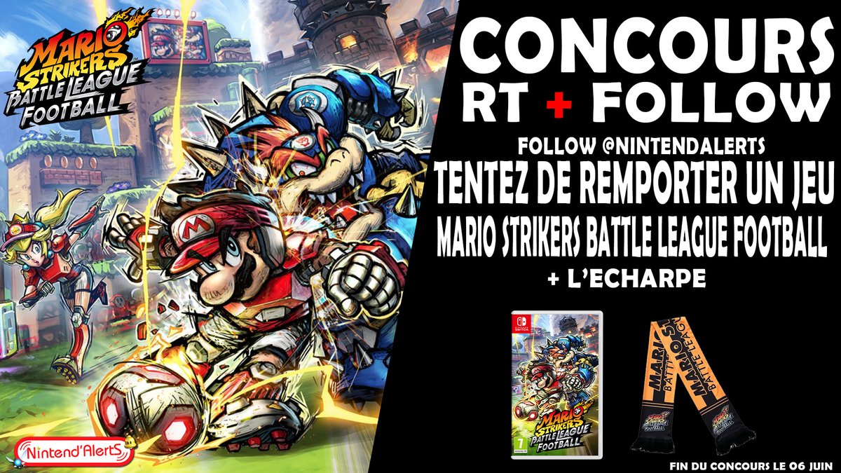 #Concours : Un jeu #MarioStrikers Battle League Football sur #NintendoSwitch + l'écharpe officielle à gagner ! 
Pour participer : Follow <a href="/nintendalerts/">Nintend'Alerts</a> + RT ce tweet ! 
Retrouvez les meilleurs prix pour ce jeu ici ➡️ nintendalerts.com/mario-strikers… 
Fin le 06 juin !