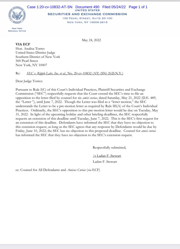 FilanLaw's tweet photo. #XRPCommunity #SECGov v. #Ripple #XRP The SEC has filed a motion for extension of time until June 7, 2022 to file objection to amici request to participate in briefing regarding the expert challenge. https://t.co/ZCxhqv8OAW