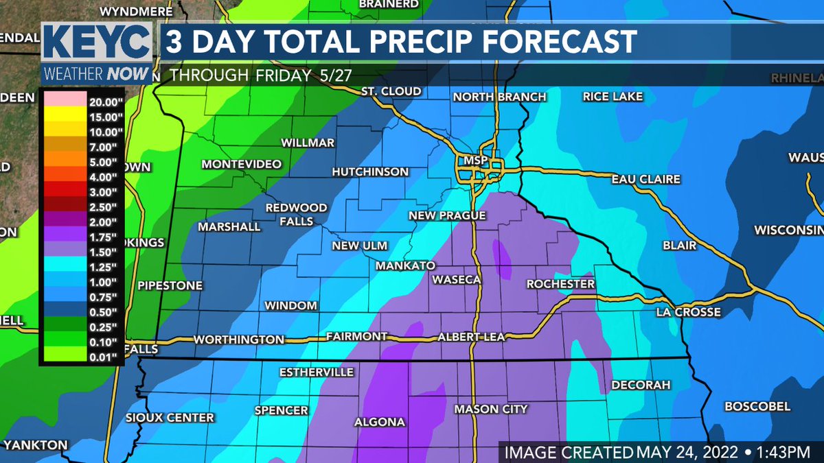 A system to our south will bring cold, steady rain to southern Minnesota and northern Iowa tonight and Wednesday. An inch or more is likely. Here's the latest Futurecast and rain forecast. After the rain, warmer, more summer-like weather will return for the weekend. #mnwx #iawx https://t.co/LyaIAGHYcq