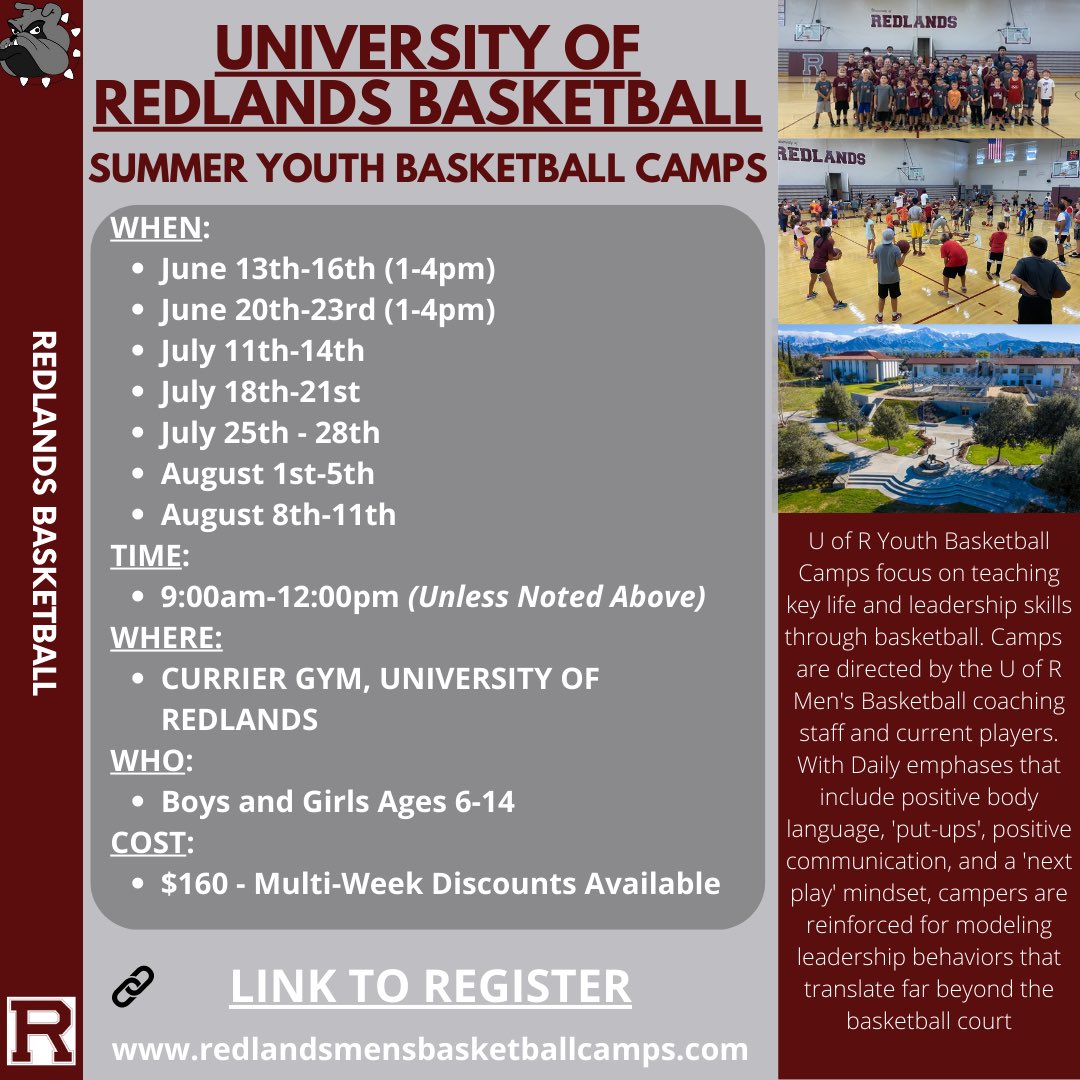 Redlands Summer Basketball Camps are here!!! Register at this link: redlandsmensbasketballcamps.com