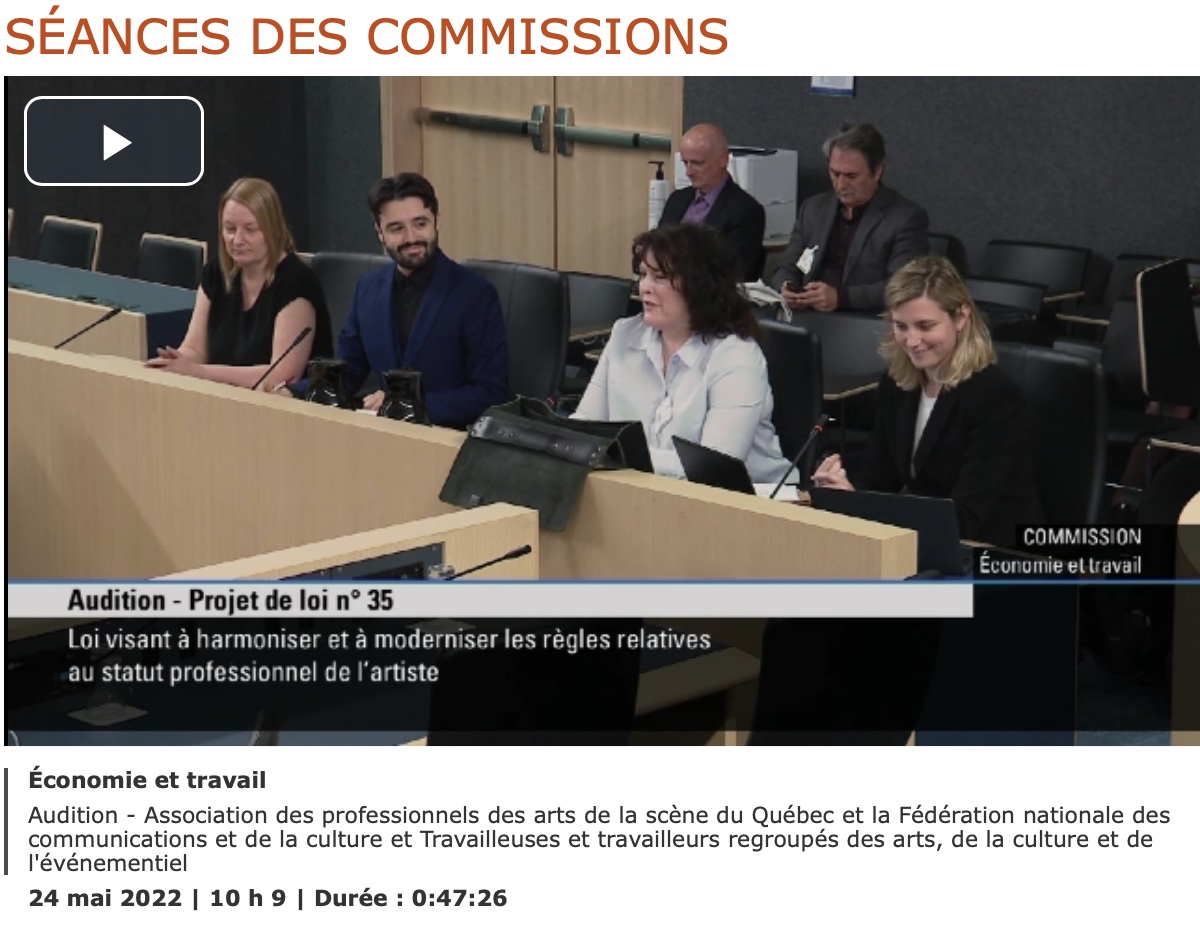 APASQ_scene's tweet photo. L' APASQ et la FNCC-CSN ont été entendues ainsi que d'autres associations d'artistes sur le projet de loi 35, visant à harmoniser et moderniser les règles relatives au statut professionnel de l'artiste. #CultureQc #APASQ #polqc #AssNat #TRACE https://t.co/Kp8CTl7HHa https://t.co/DeTrg67qx5