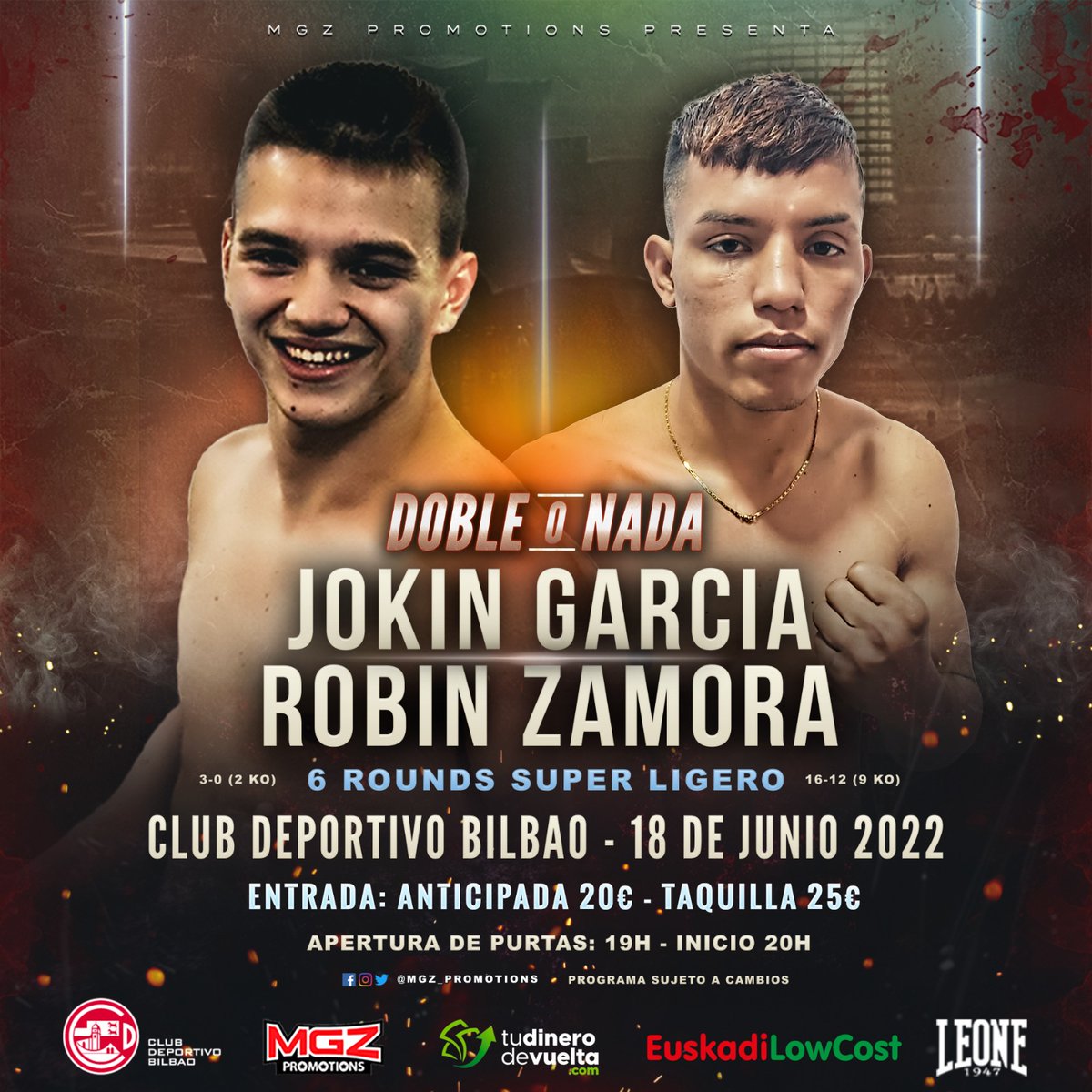 🚨𝘼𝙇𝙀𝙍𝙏𝘼 𝙈𝘼𝙓𝙄𝙈𝘼🚨
📆Sábado 18 de Junio
📍Club Deportivo Bilbao
⚔️Jokin García 🆚 Robin Zamora
🥊1er combate a 6 rounds del prospecto Bilbaíno ante un rival que llega de vencer a domicilio ante el duro Alin Florín 
🎫Entradas desde 20€ ya a la venta❗
#boxing #Bilbao