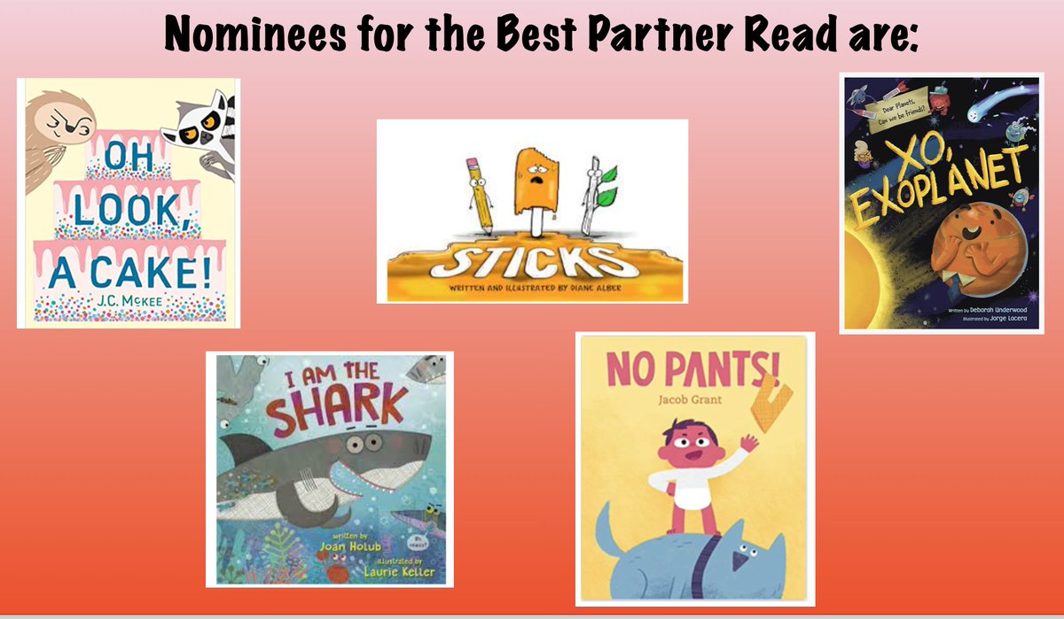 RTSReadingT's tweet photo. It's #BookCademyAwards Day! Celebrating our favorite #ClassroomBookADay books. Nominees for the Best Partner Read Book are: @_jcmckee @imnotascribble @underwoodwriter @JoanHolub #RTSrocks https://t.co/DI7KfsdVqP