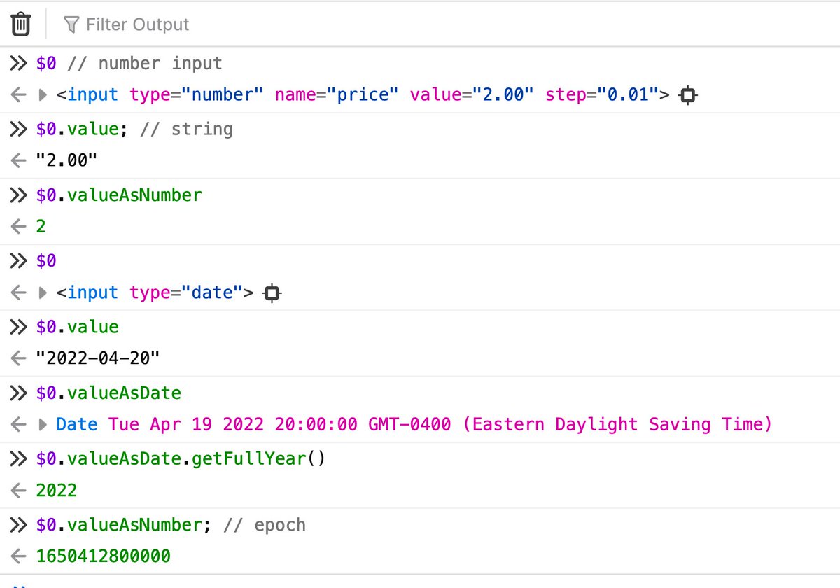 wesbos's tweet image. Woah, here is one I never knew and just popped up in my editor. 

Number and Date Inputs have .valueAsNumber and .valueAsDate.

I&apos;ve been using parseInt and new Date() my whole life!