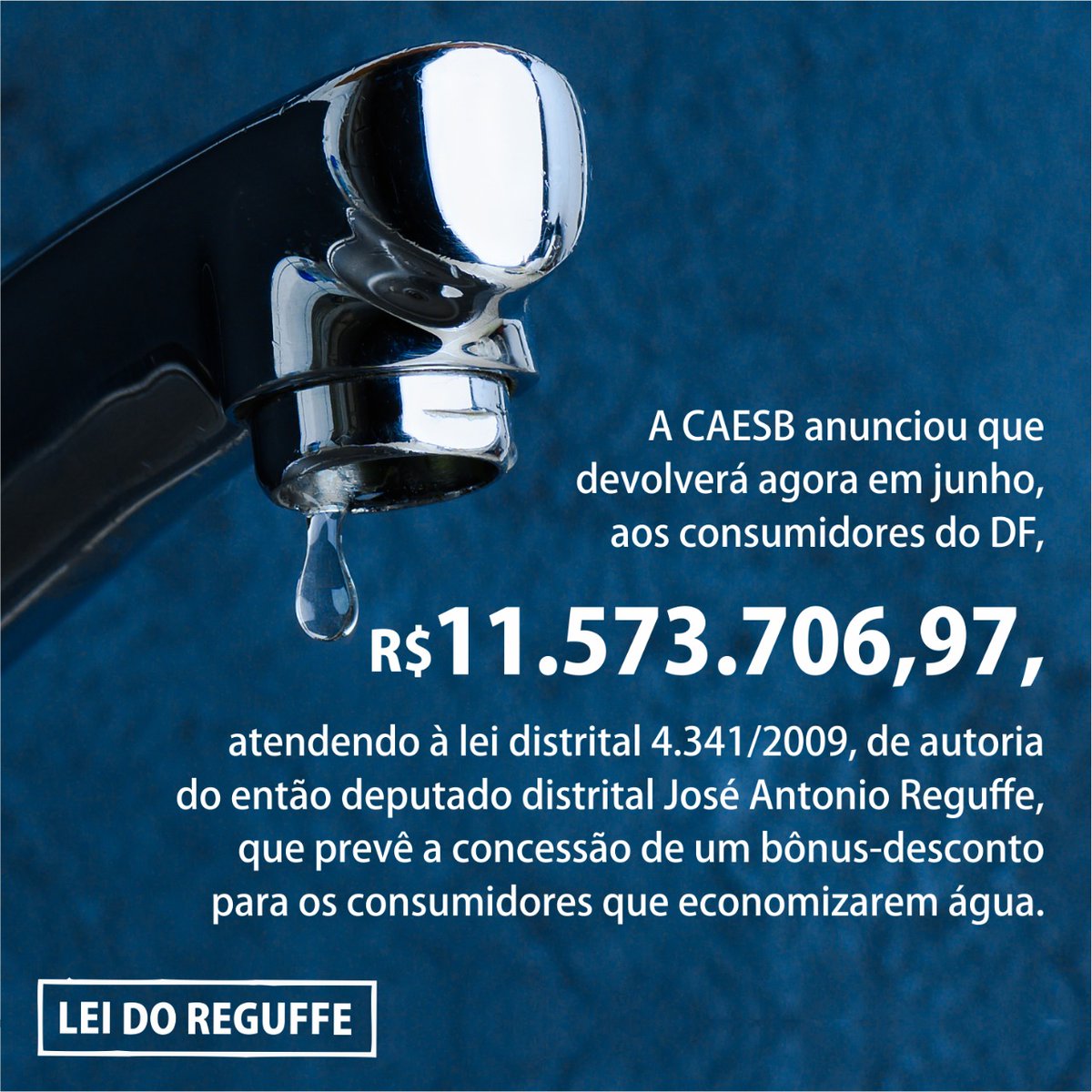 Atendendo à lei distrital 4341/2009, de minha autoria, os usuários da Caesb q economizaram água em 2021, comparado ao consumo de 2020, vão receber um bônus-desconto de 20% agora em junho sobre o q economizaram. A Caesb anunciou que irá devolver R$ 11.573.706,97 aos consumidores.