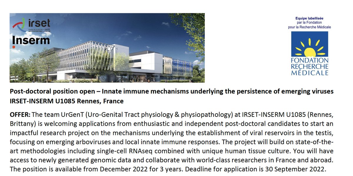 lab_jouvenet's tweet photo. 3-year postdoctoral position #virology in the lab of @NDejucq at @irset_fr, in the capital of Brittany.  Innate immune mechanisms underlying viral persistence. Great team, great environment 😍 https://t.co/42Z2YPNtKW