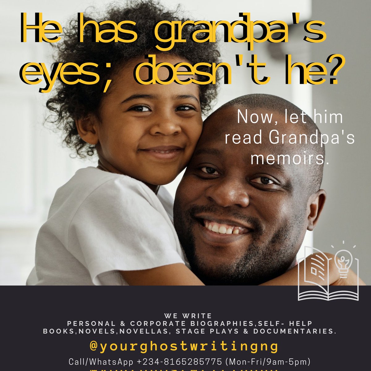 ghostwritingng's tweet photo. Are you on this table? 😍 Oya DM, let me help you tell your family story in a book...authored by you or 'his grandpa'.
You may also send an email to yourghostwriters@gmail.com or chat on 08165285675 https://t.co/IkBB18G3jO