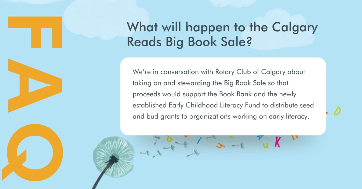 Calgary Reads Big Book Sale (@calgaryreads) on Twitter photo We've been hearing a lot of questions about the future of our Big Book Sale, and we wanted to assure you that we're in conversation with <a href="/rotaryyyc/">Rotary Club Calgary Downtown</a> about taking on and stewarding the Big Book Sale.
Learn more: calgaryreads.com/a-dandelion-st…
#DandelionSeedPartner #RightToRead We've been hearing a lot of questions about the future of our Big Book Sale, and we wanted to assure you that we're in conversation with <a href="/rotaryyyc/">Rotary Club Calgary Downtown</a> about taking on and stewarding the Big Book Sale.
Learn more: calgaryreads.com/a-dandelion-st…
#DandelionSeedPartner #RightToRead