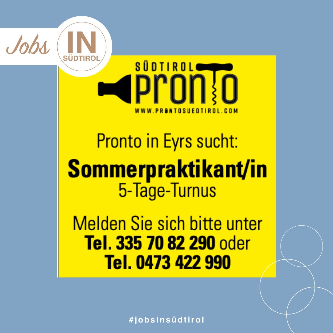 insuedtirol's tweet photo. Pronto in Eyrs sucht:
Sommerpraktikant/in
https://t.co/QP3gs4RkEf
#jobinsüdtirol #insüdtirol #sommerpraktikant #prontosüdtirol #eyrs #vinschgau https://t.co/M5Wo9DwU8i