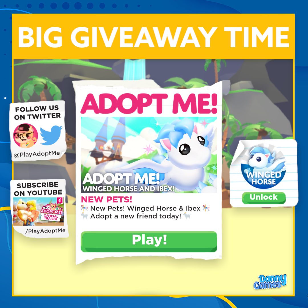 Roblox • Danny (@imdannygames) on Twitter photo Winged Horse Giveaway 🎉 
I am giving away a *BRAND NEW* Winged Horse on Adopt Me. To enter, follow these steps:
🟡 Follow me on Twitter 
🟡 Like & Retweet this post
🟡 Reply to this tweet
Good luck 🤞 Closes 26th May
#AdoptMe / #Roblox \ #Giveaway Winged Horse Giveaway 🎉 
I am giving away a *BRAND NEW* Winged Horse on Adopt Me. To enter, follow these steps:
🟡 Follow me on Twitter 
🟡 Like & Retweet this post
🟡 Reply to this tweet
Good luck 🤞 Closes 26th May
#AdoptMe / #Roblox \ #Giveaway