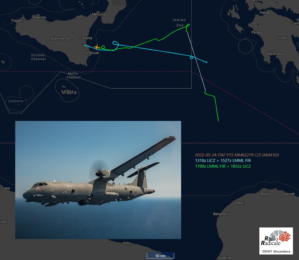 scandura's tweet photo. 2⃣ 2022-05-24
1855z ⏱️ 20:55 CEST
🛩️ Italian Air Force 🇮🇹 ISR P72 #MM62279 c/s #IAM4103, Sigonella based, is returning after a mission over CSG #UssTruman Ionian Sea area.
#NATO #Russia #Ukraine #Ucraina https://t.co/SGE1xzEA0J