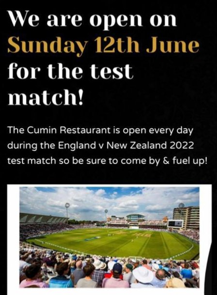 TheCumin's tweet photo. We are open on Sunday 12th June for the test match!
The Cumin Restaurant is open every day during the England v New Zealand 2022 test match so be sure to come by & fuel up !
#testcricket #thecumin #england
#cricket #newzealand #trentbridge https://t.co/wY2Pv5jdyC