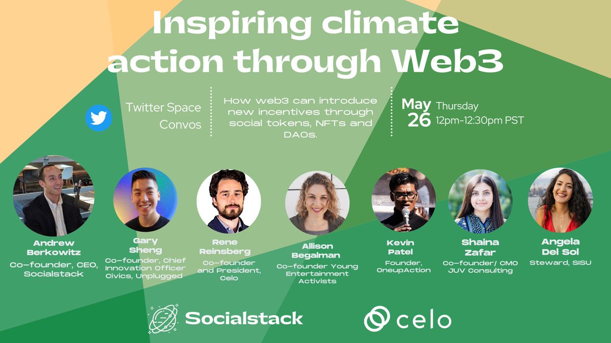 Join us and <a href="/CeloOrg/">Celo</a> this Thursday at 12pm PST for a conversation on inspiring youth climate action through Web3 🌎🌱☀️

We'll be joined by leaders in the space including <a href="/followrene/">followrene</a> <a href="/imkevinjpatel/">Kevin J. Patel</a> <a href="/YEAimpact/">YEA! Impact</a> <a href="/garysheng/">Gary Sheng - The Applied AI Guy</a> <a href="/AngelaDelSol/">Angela Del Sol</a> <a href="/ShainaZafar/">shaina zafar</a> 

x.com/i/spaces/1ZkJz…