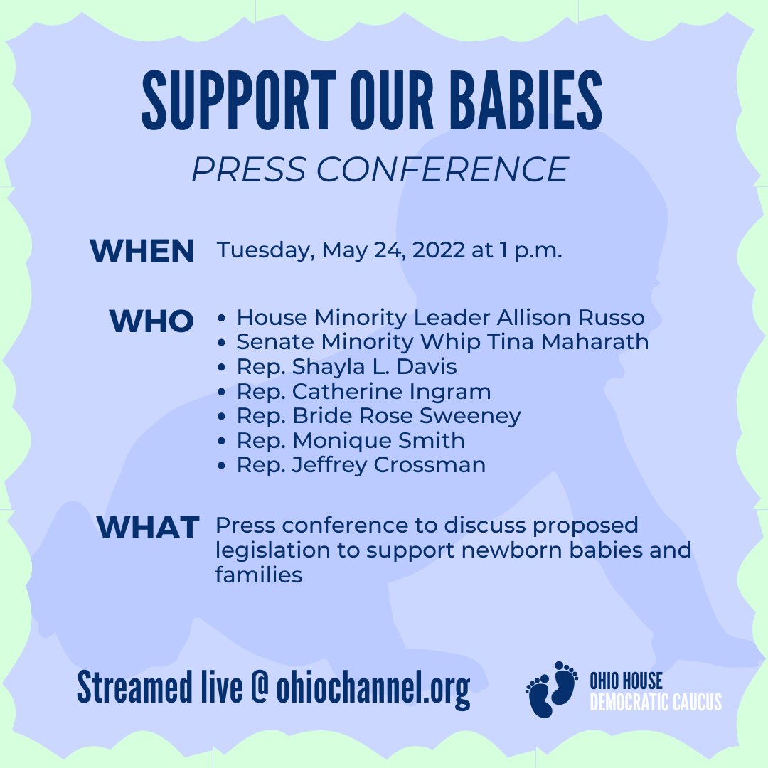 OHHouseDems's tweet photo. TODAY at 1! Support Our Babies Press Conference w/ @Russo4Ohio @TinaMaharath @RepShaylaLDavis @cingram32 @RepBrideSweeney @RepMoniqueSmith @JeffaCrossman
Watch live at https://t.co/OMKgirDJKw
#SupportOurBabies https://t.co/vsSEJDcSuq