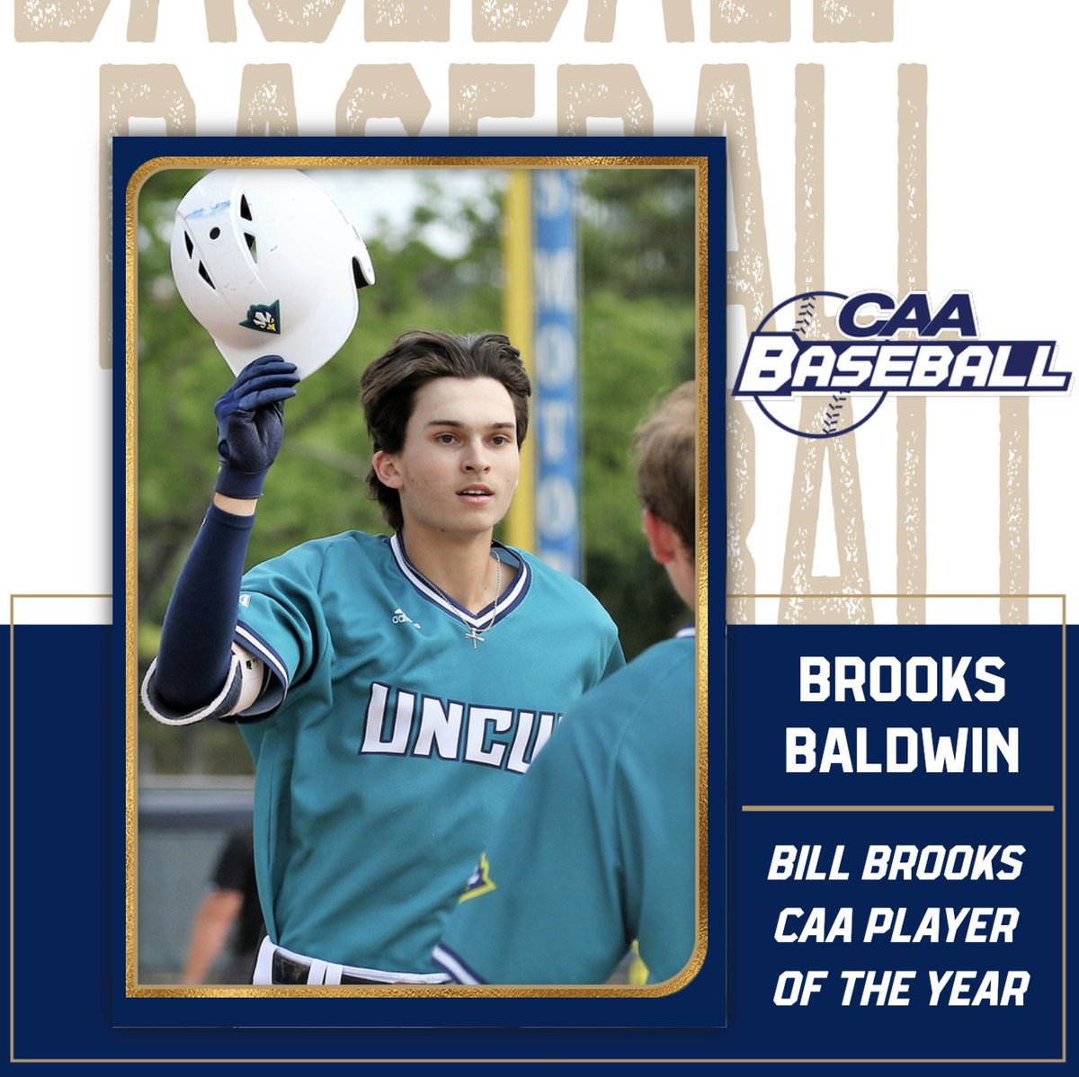 CAASports's tweet photo. ⚾ Player of the Year

@UNCWBaseball's Brooks Baldwin turned in an outstanding season offensively, leading the CAA with a .348 batting average and ranking among the league’s top five in hits, runs, homers, stolen bases, total bases and slugging

📰 https://t.co/bTIqzE226P https://t.co/fcXsaxzskT