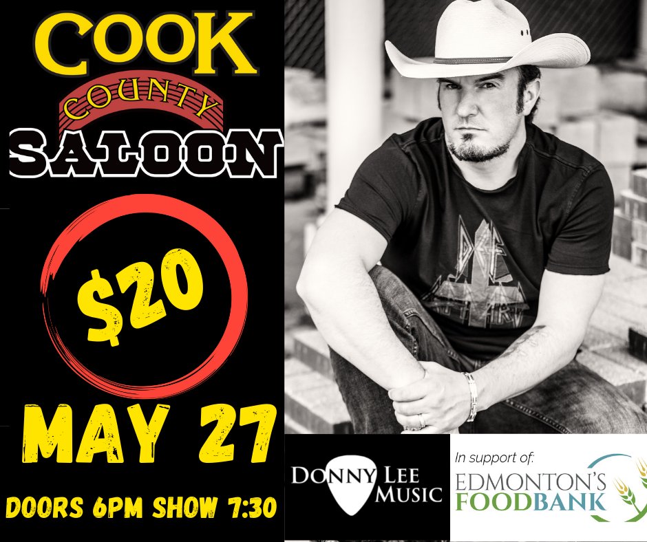 yegfoodbank's tweet photo. Don't forget to head down to Cook County Saloon tonight to see @DonnyLeeMusic and support Edmonton's Food Bank! Bring food or cash donations and enjoy some live music.😊 #donnyleemusic #cookcountysaloon https://t.co/oBTS12iHli