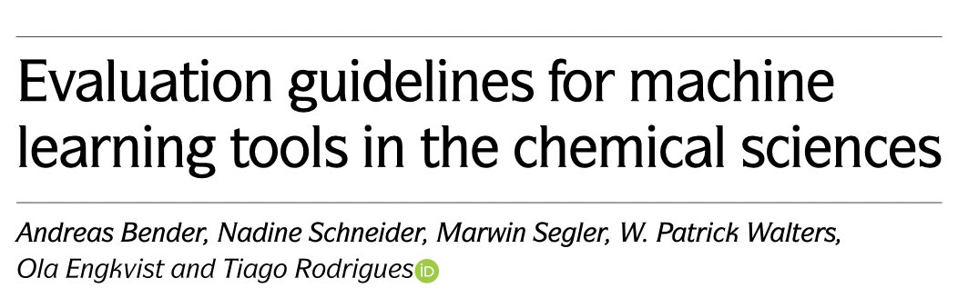 ML/AI can analyse large chemical data sets rapidly
But how should we evaluate models? 
Our guidelines have now been published in <a href="/NatRevChem/">Nature Reviews Chemistry</a>. Wonderful collaboration with @andreasbenderuk <a href="/foo_fighterin/">Nadine Schneider</a> <a href="/marwinsegler/">Marwin Segler</a> <a href="/wpwalters/">Patrick Walters</a> and O Engkvist
#ml #ai #drugdiscovery
1/n