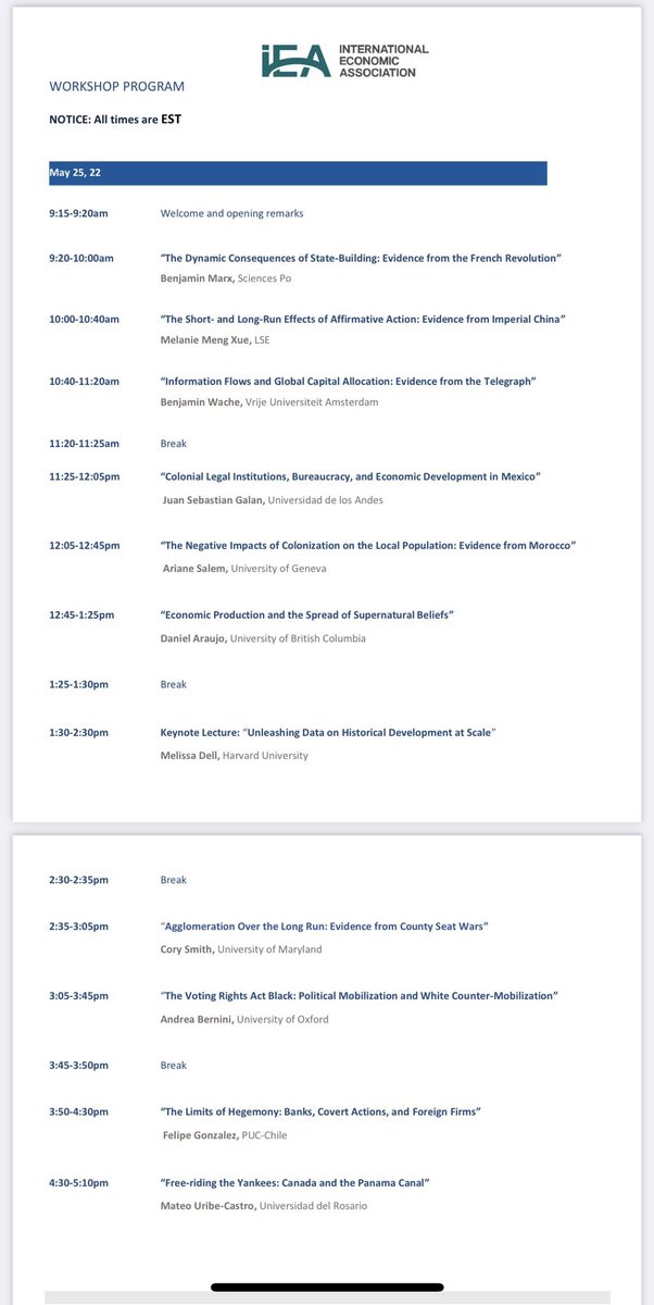 María del Pilar López Uribe (@marialopezuribe) on Twitter photo Súper invitad@s mañana desde las 9:15 am a nuestra conferencia anual sobre Desarrollo e Historia Económica organizada por <a href="/econhistlacea/">LaceaEconHistory</a>.
Artículos varían en regiones, temas y métodos.
Presentación central es Melissa Dell (harvard) sobre recolección de datos en historia económica Súper invitad@s mañana desde las 9:15 am a nuestra conferencia anual sobre Desarrollo e Historia Económica organizada por <a href="/econhistlacea/">LaceaEconHistory</a>.
Artículos varían en regiones, temas y métodos.
Presentación central es Melissa Dell (harvard) sobre recolección de datos en historia económica