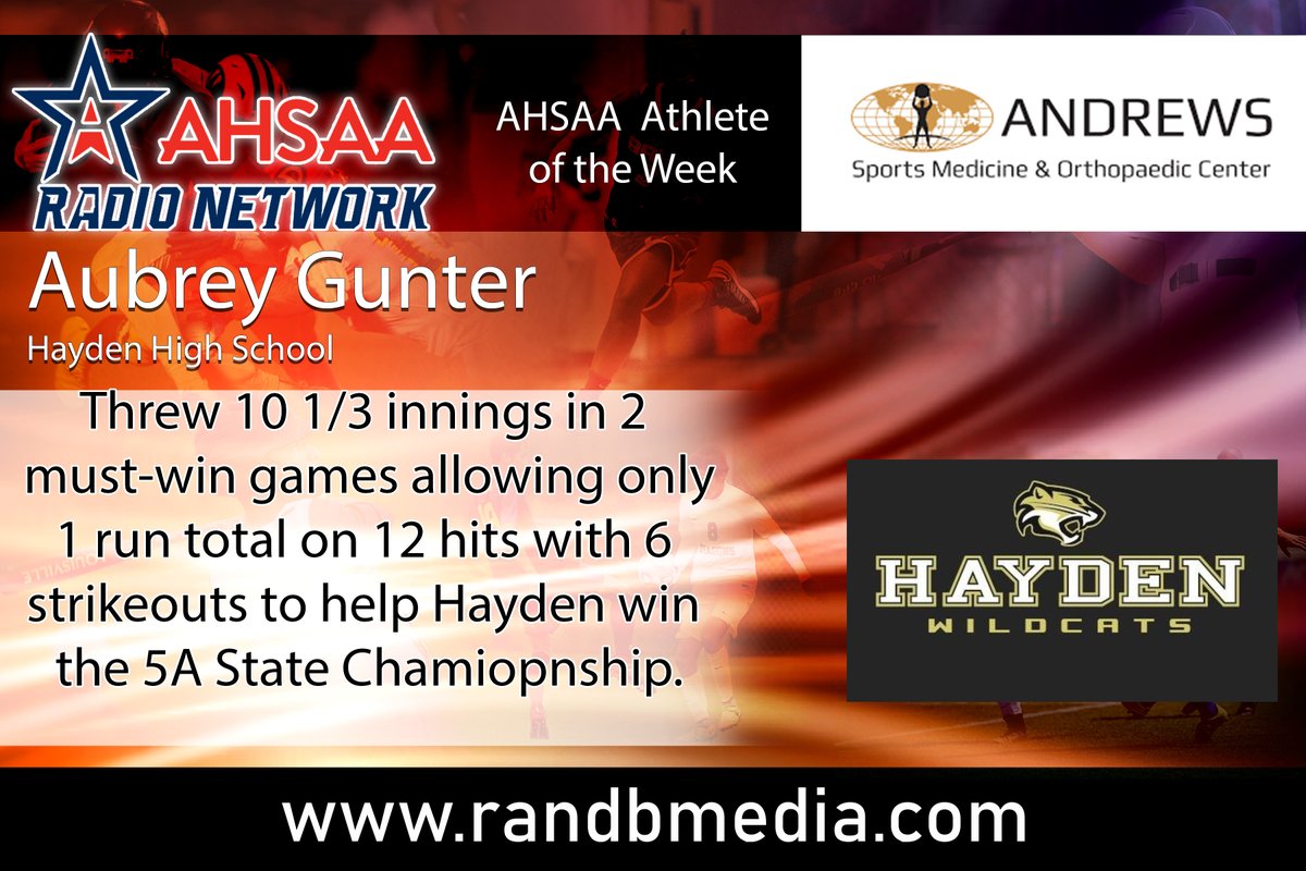 ahsaaradio's tweet photo. Congratulations to @AubreyGunter06 from @HHScatsoftball for being named the AHSAA Athlete of the Week! Sponsored by @AndrewsSportMed https://t.co/jsqNEe5Q3o