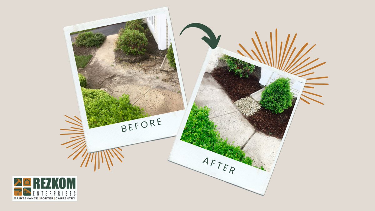 rezkom's tweet image. “Before” photo was a washed out flower bed and “After” photo shows a beautiful bed with stone and a flex drain installed by our team so the water drains properly! #curbappeal #wefixthings #teameast #teamrezkom #rezkomenterprises #rezkom