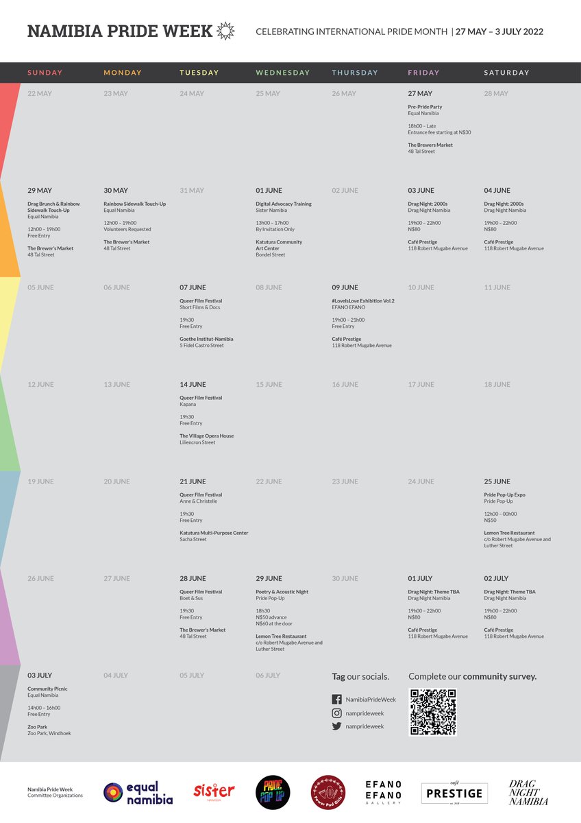namprideweek's tweet photo. OFFICIAL RELEASE! @namprideweek celebrates International Pride Month from 27 May – 3 July.

Individual event details will be released in the coming days.

#NamibiaPrideWeek #International #PrideMonth #Windhoek #Namibia #LGBTQIA #Community #Events https://t.co/6vYGvCJQzE