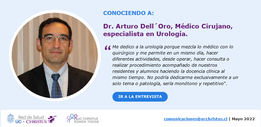 UrologiaPuc's tweet photo. Conociendo al Dr. Arturo Dell´Oro...
"¿Qué es lo que más le gusta de la relación que tiene con sus pacientes?
Establecer relaciones médico pacientes en base a la confianza a largo plazo. Me encanta cuando los pacientes vuelven a mí a verme años después o para pedirme orientación. https://t.co/0ZYsfP7wZq
