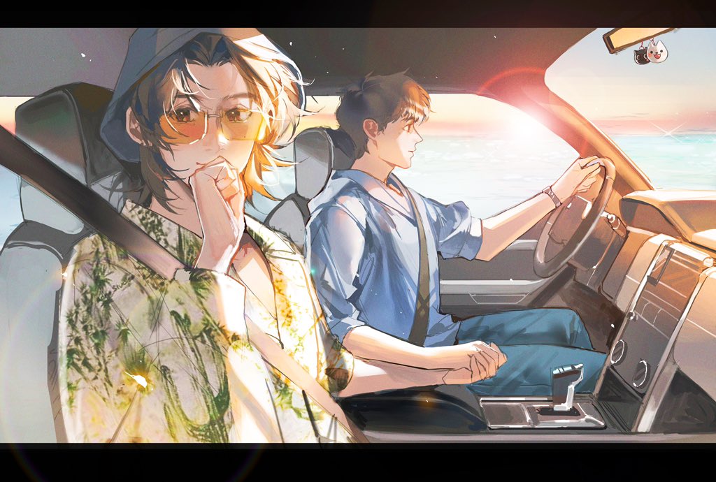 driving multiple boys 2boys sunglasses car interior seatbelt letterboxed  illustration images
