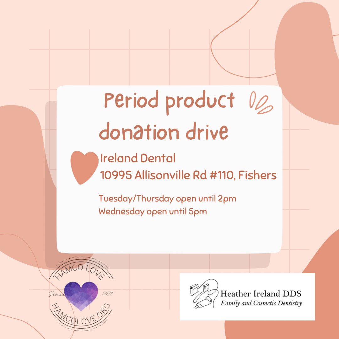Thank you to Ireland Dental for being a drop off spot for period products for #PeriodPovertyAwarenessWeek! 

They are located at 10995 Allisonville Road, #110, Fishers.

Donations of pads, tampons, and underwear will be extremely helpful. Thank you! 💜