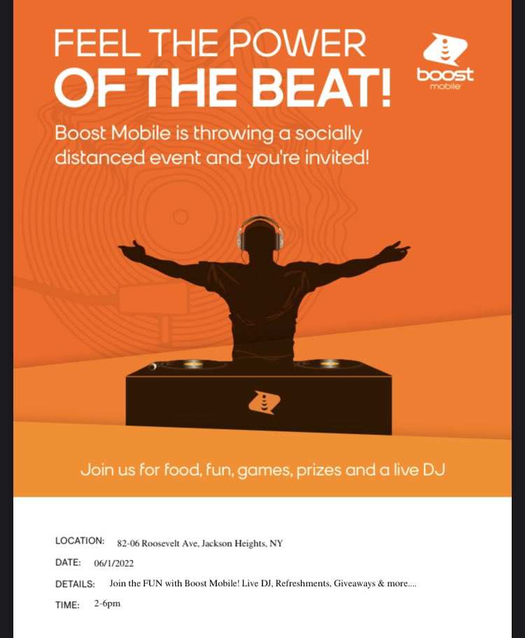 RobBoost_Queens's tweet image. Jackson Heights, NY Boost Mobile is doing it again. Another awesome DJ event at 82-06 Roosevelt Ave, June 1st , 2022 from 2pm to 6pm. Great offers, Free Internet for qualified customers. 
Pull up.