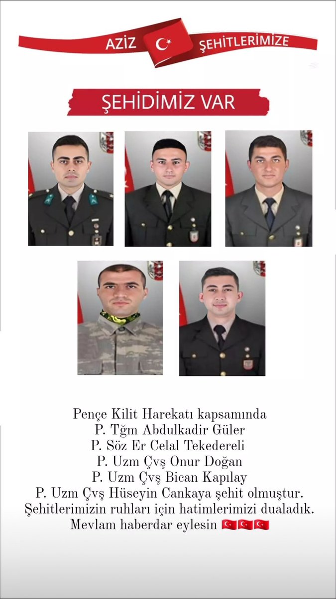 🇹🇷 P. Tğm Abdulkadir Güler
🇹🇷 P. Söz Er Celal Tekedereli 
🇹🇷 P. Uzm Çvş Onur Doğan
🇹🇷 P. Uzm Çvş Bican Kapılay
🇹🇷 P. Uzm Çvş Hüseyin Cankaya